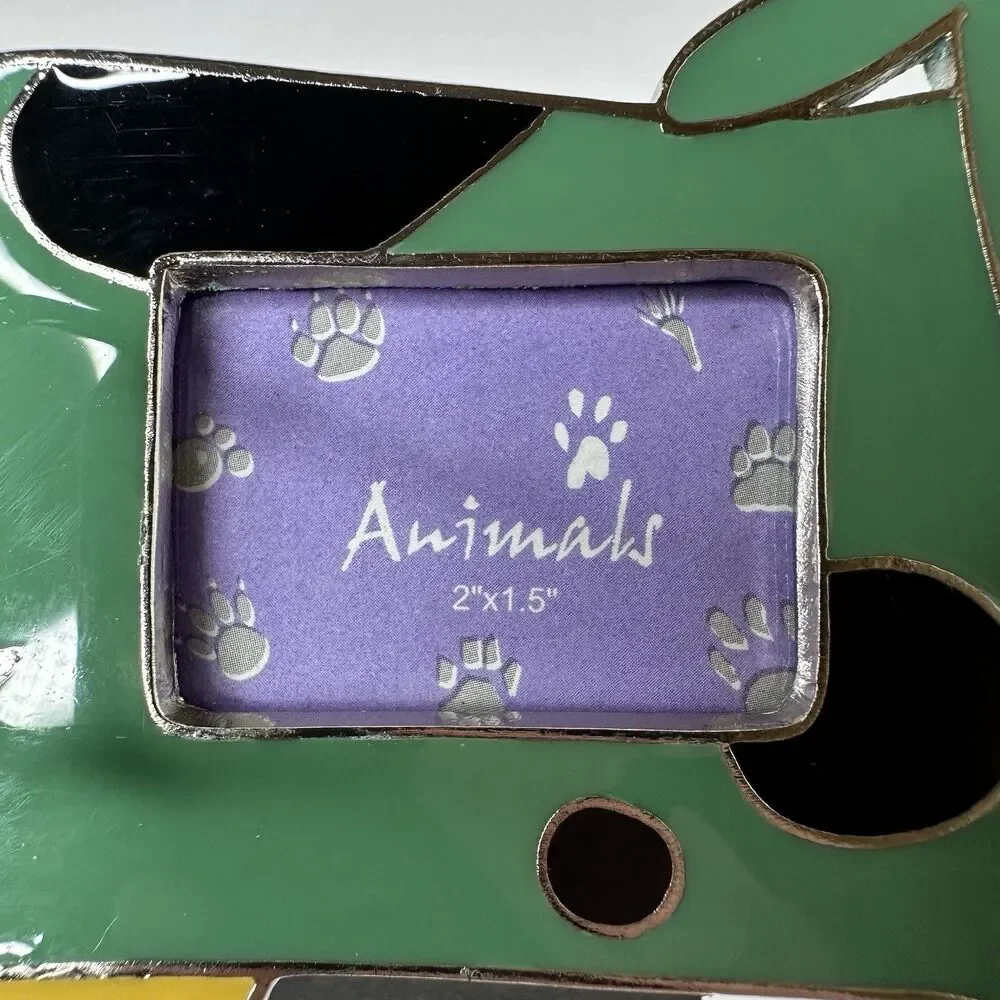 Green Cow Metal Enamel Picture Frame Standing‎ 2 x 1.5” Whimsical Nursery Farm